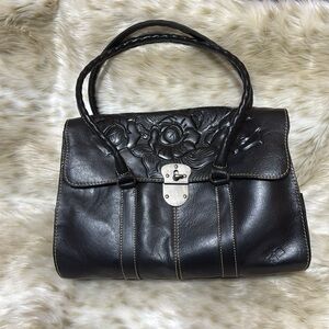 PATRICIA NASH Vienna Black Embossed Rose Tooled Turnlock Satchel Handbag